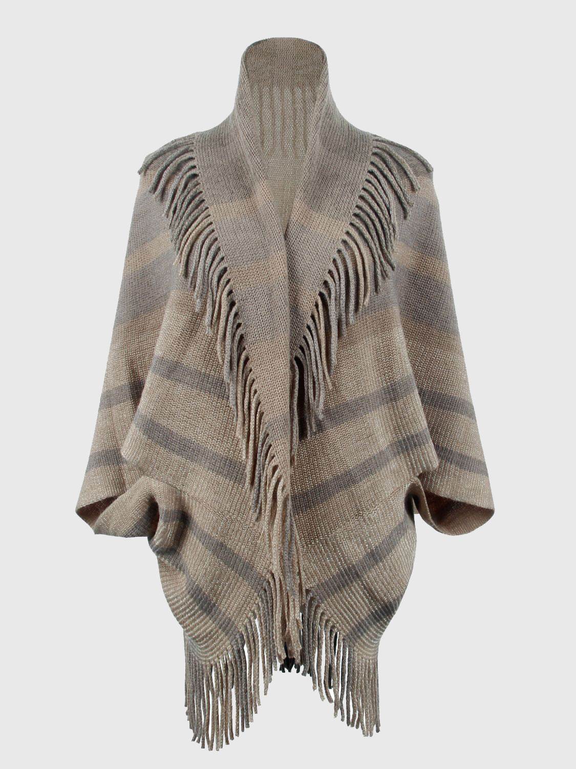 Fringe Detail Open Front Poncho - Delanoir