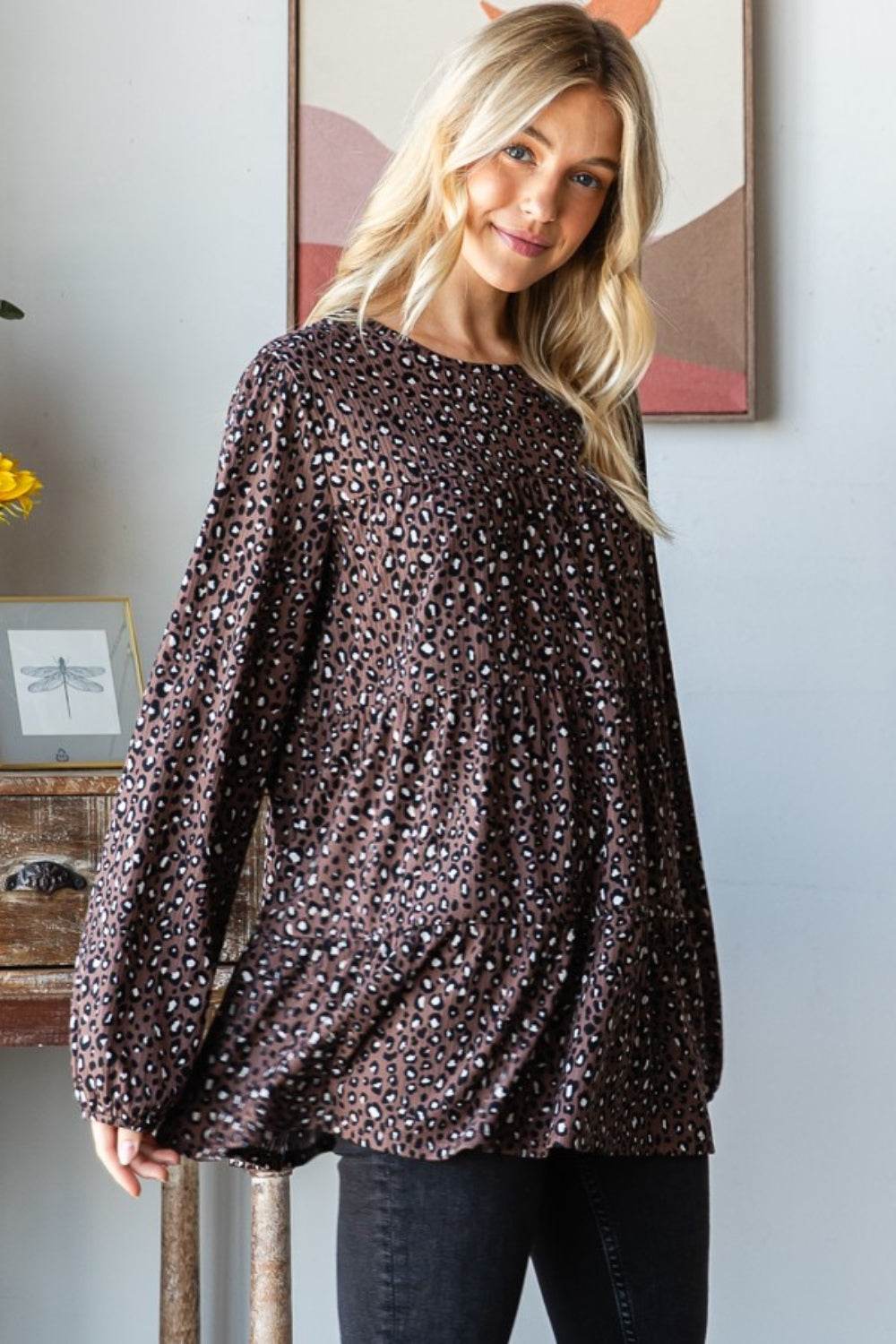 Heimish Leopard Long Sleeve Tiered Blouse - Delanoir