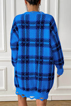 Plaid V-Neck Long Sleeve Sweater Dress - Delanoir