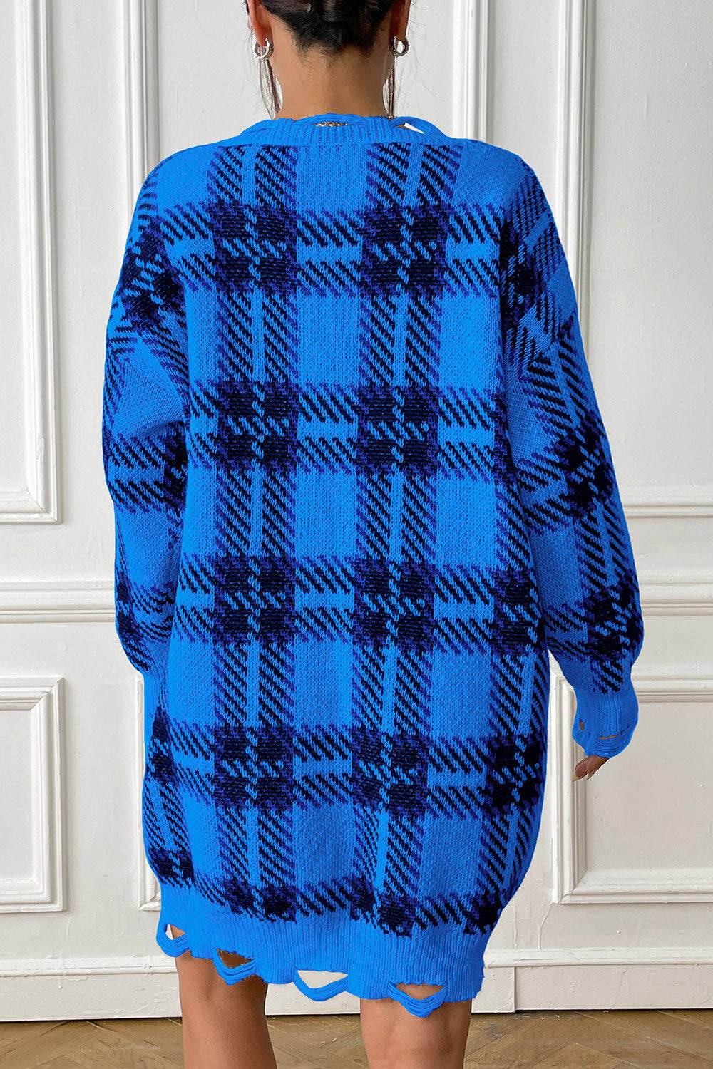 Plaid V-Neck Long Sleeve Sweater Dress - Delanoir