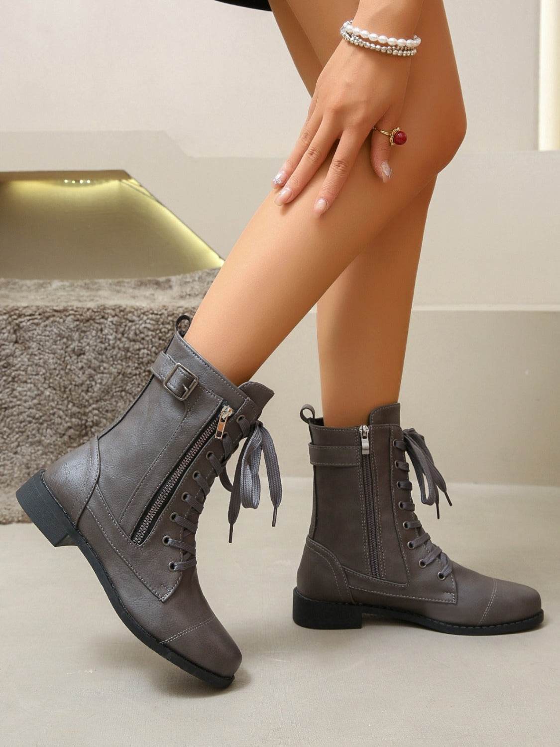 PU Leather Lace-Up Boots - Delanoir