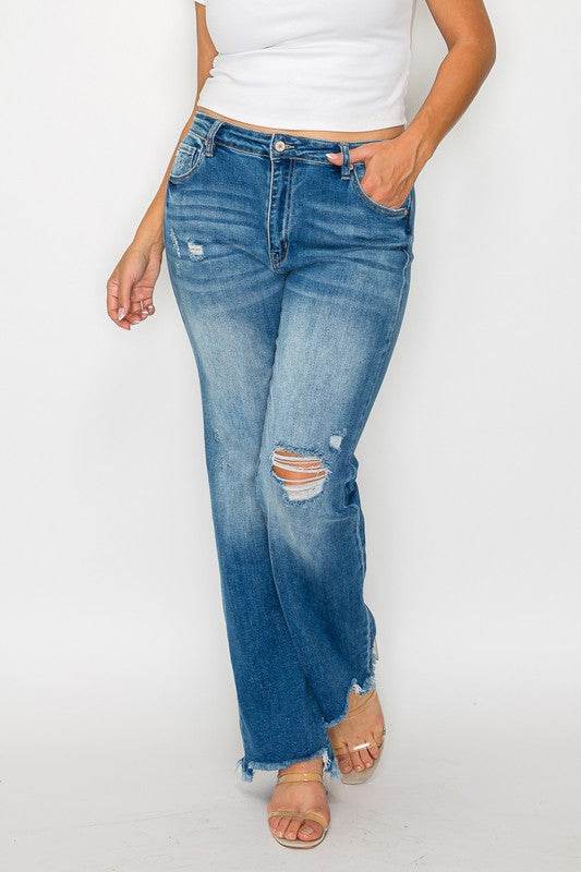 bytos Full Size Raw Hem Distressed Mid Rise Straight Jeans - Delanoir