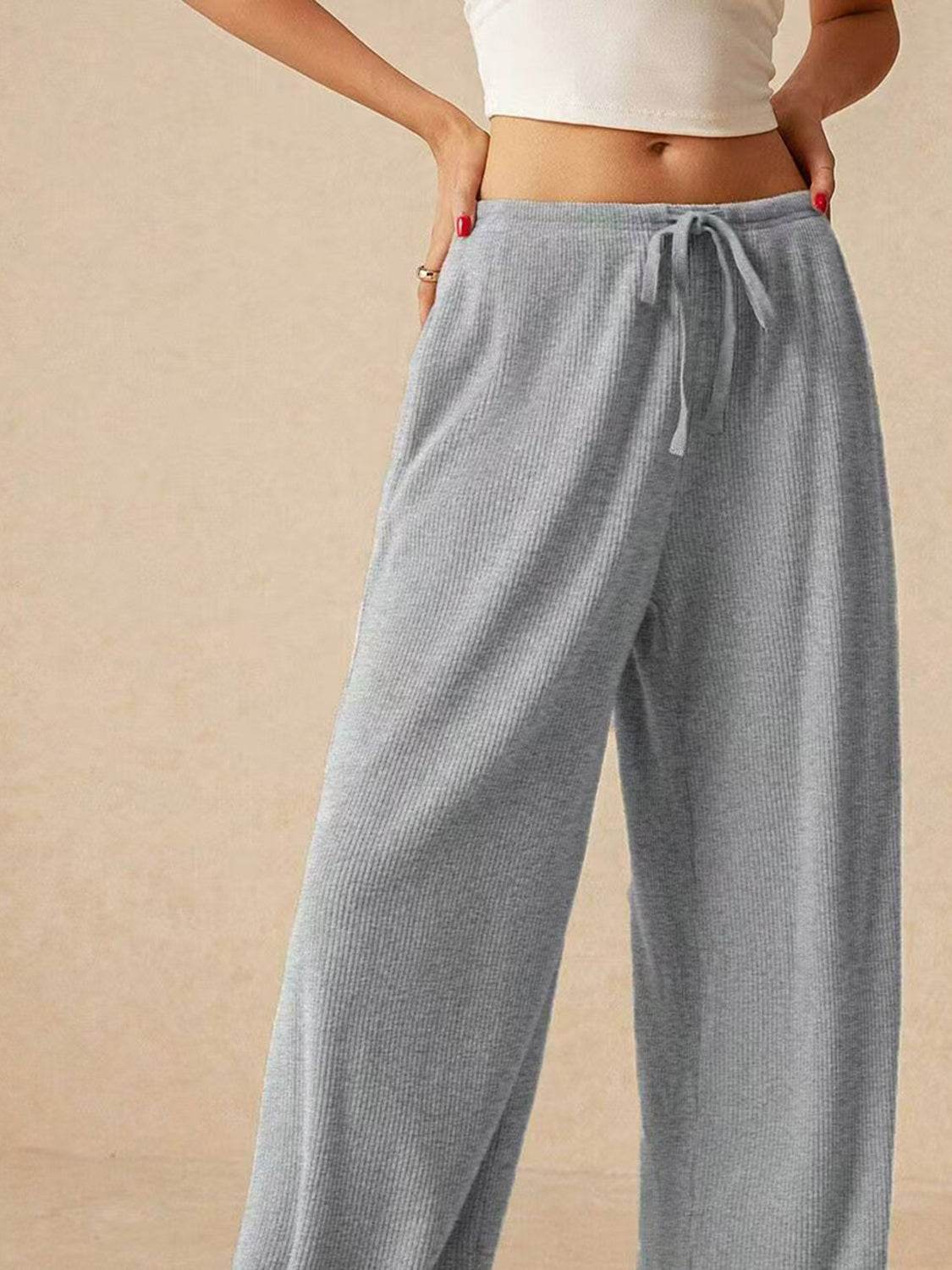 Ribbed Drawstring Wide Leg Pants - Delanoir
