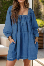 Tied Square Neck Long Sleeve Denim Dress with Pockets - Delanoir