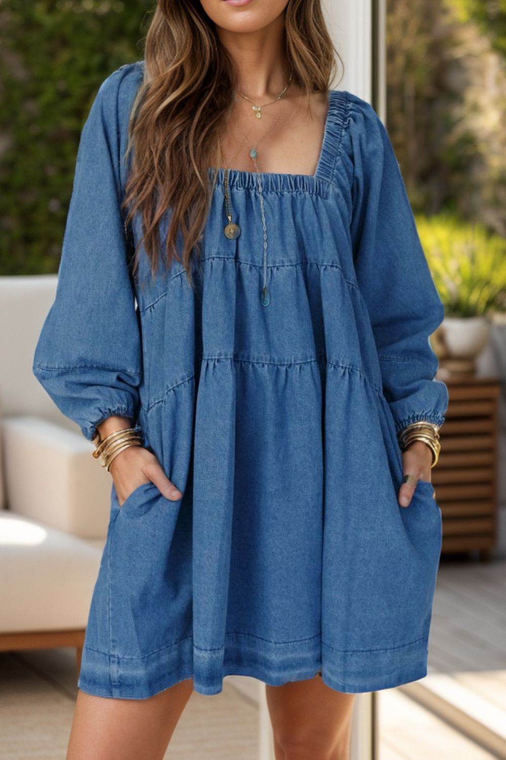 Tied Square Neck Long Sleeve Denim Dress with Pockets - Delanoir