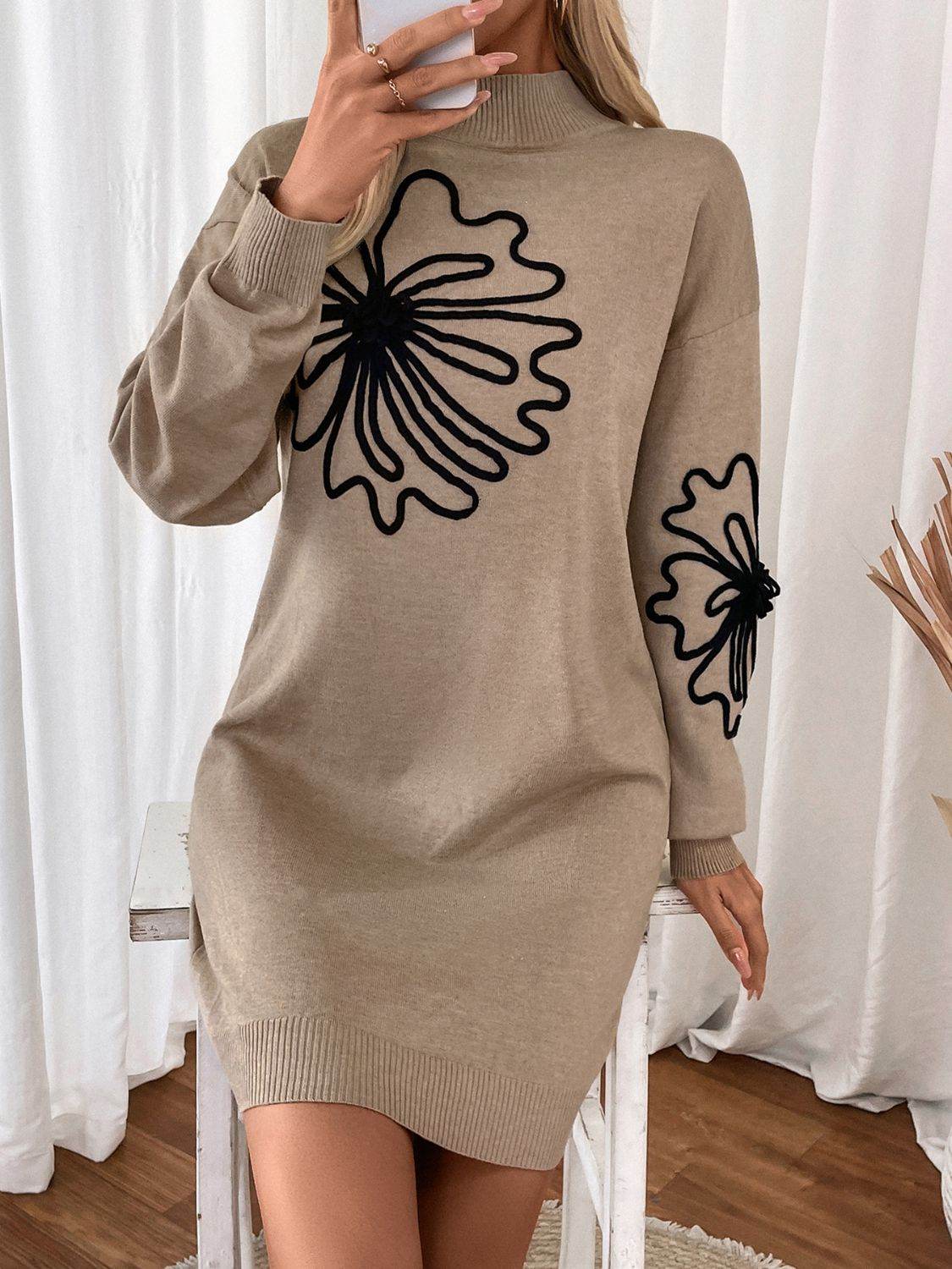 Perfee Flower Mock Neck Long Sleeve Sweater Dress - Delanoir