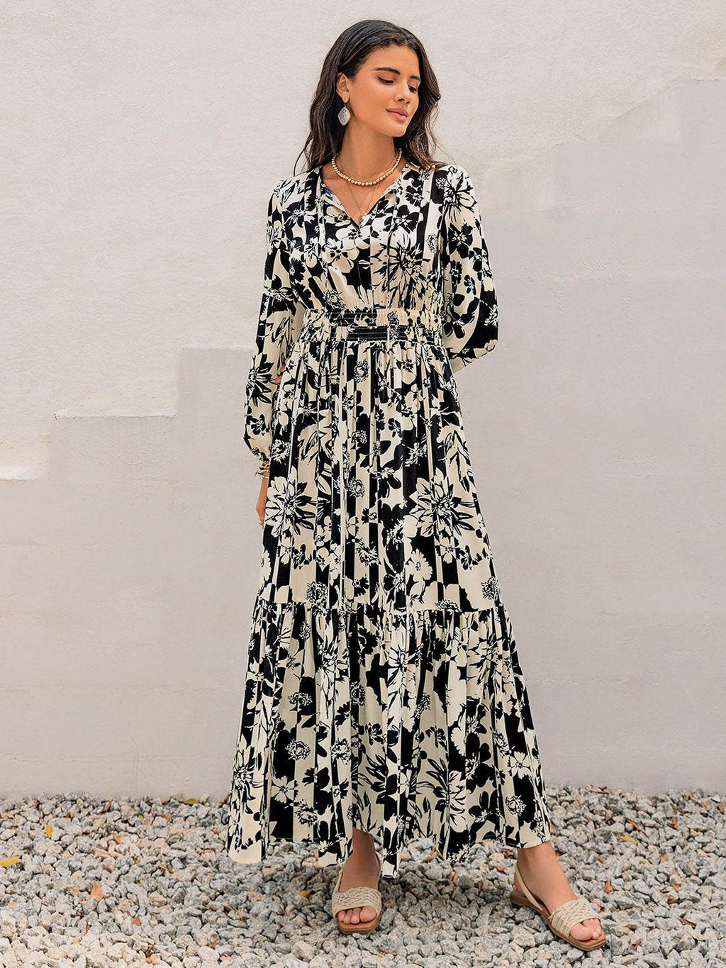 Smocked Printed Tie Neck Long Sleeve Dress - Delanoir