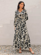 Smocked Printed Tie Neck Long Sleeve Dress - Delanoir