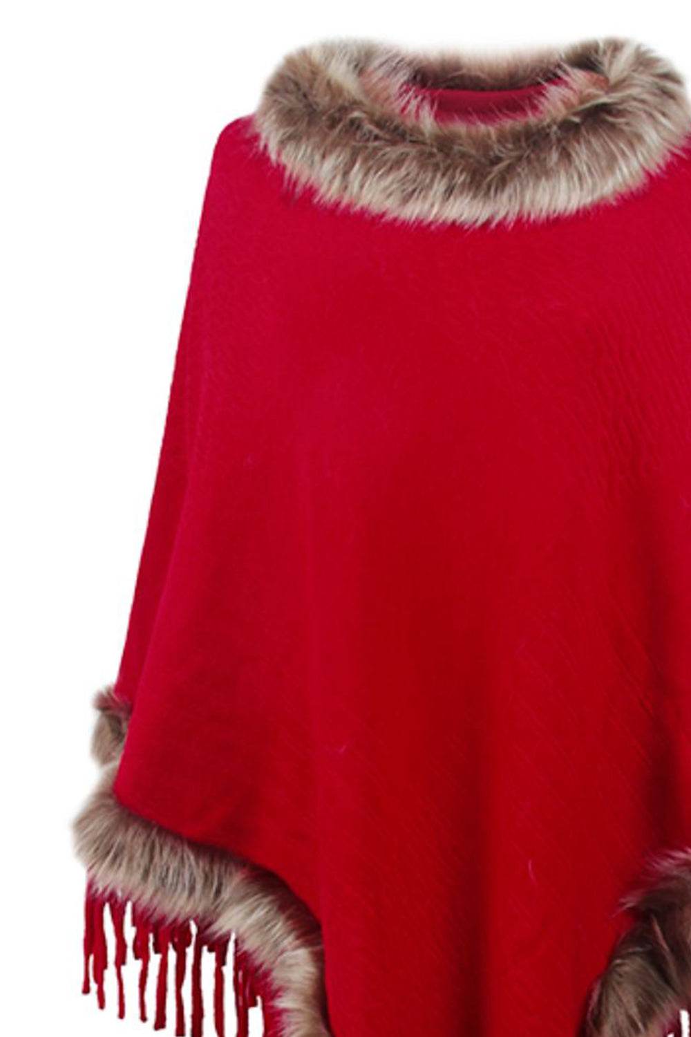 Faux Fur Trim Fringed Poncho - Delanoir