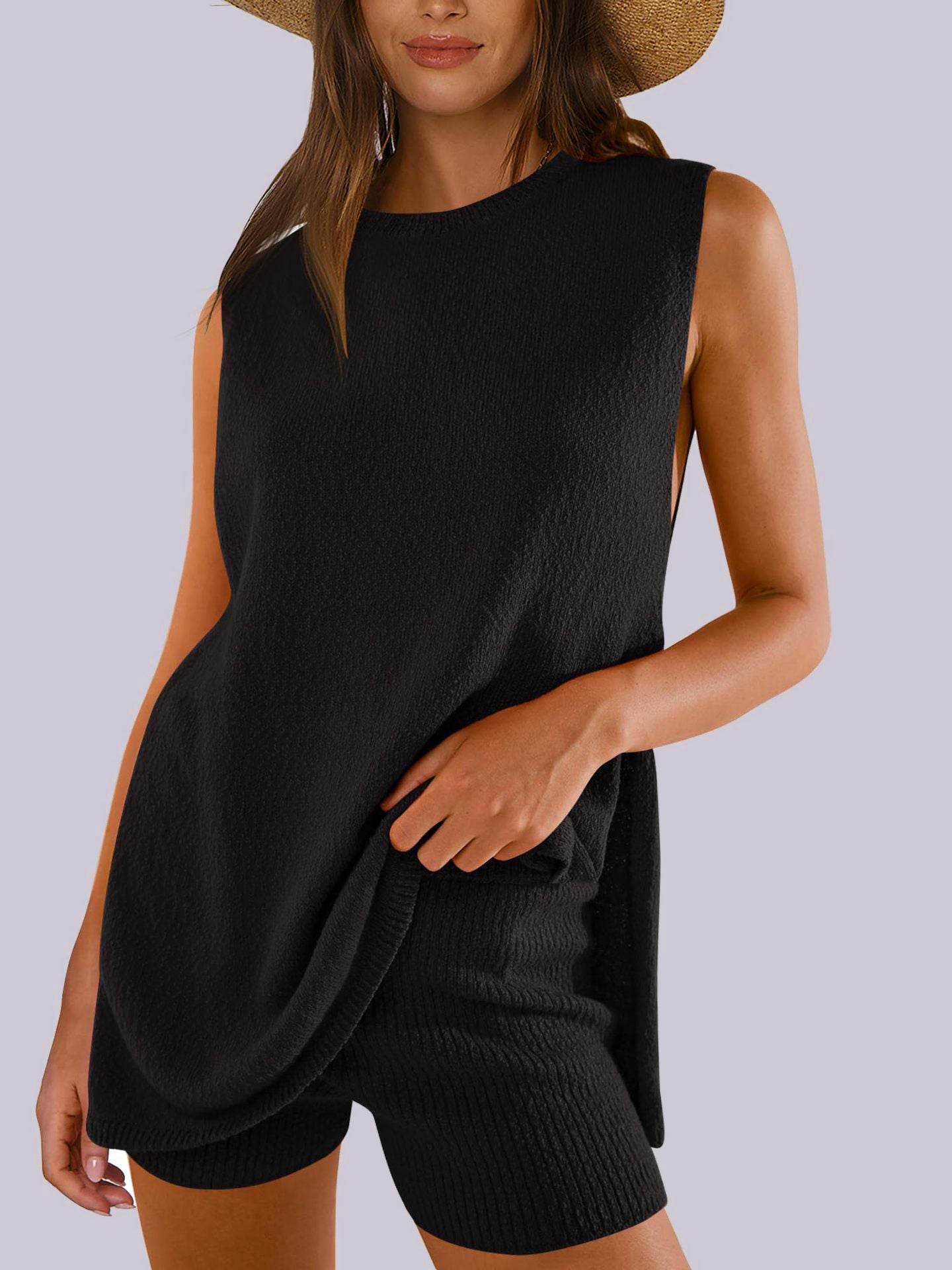 Mandy Side Slit Round Neck Tank and Shorts Sweater Set - Delanoir