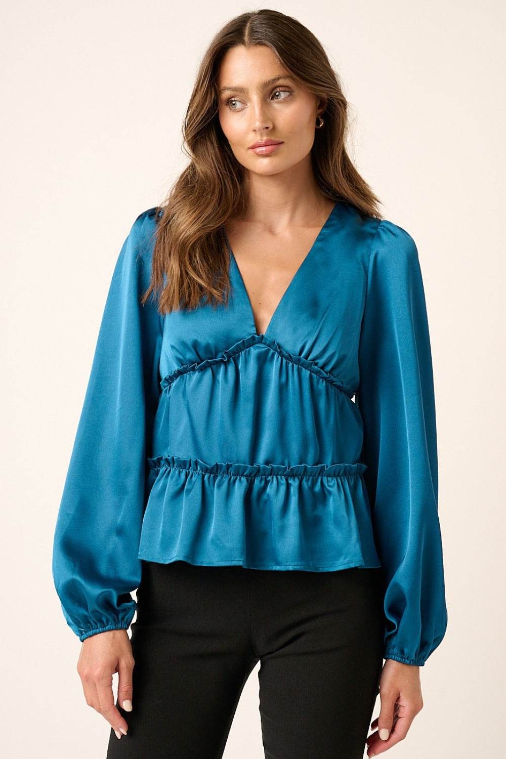 Mittoshop Satin V Neck Ruffled Tier Blouse - Delanoir