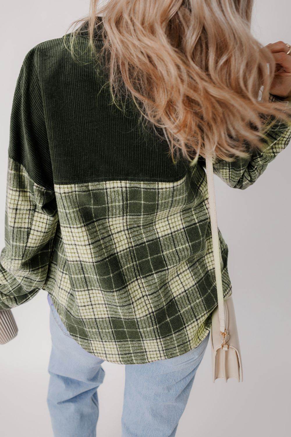 Snap Down Collared Neck Plaid Shacket - Delanoir