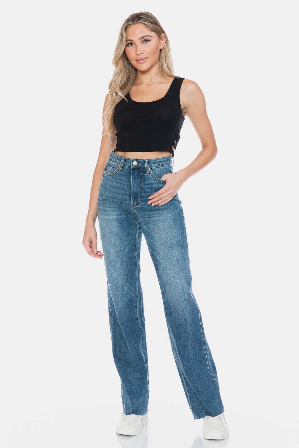 Judy Blue Full Size Tummy Control Cut Raw Hem Straight Jeans - Delanoir