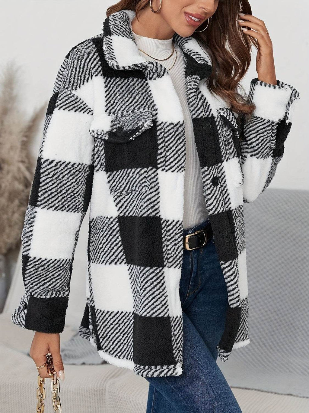 Plaid Button Up Long Sleeve Fuzzy Outerwear - Delanoir