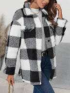 Plaid Button Up Long Sleeve Fuzzy Outerwear - Delanoir