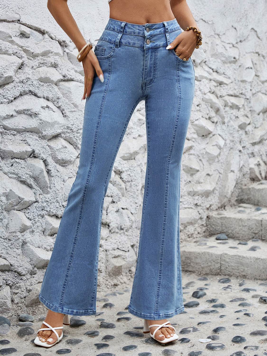 High Waist Flare Jeans with Pockets - Delanoir