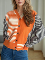 Striped Button Down Long Sleeve Cardigan - Delanoir
