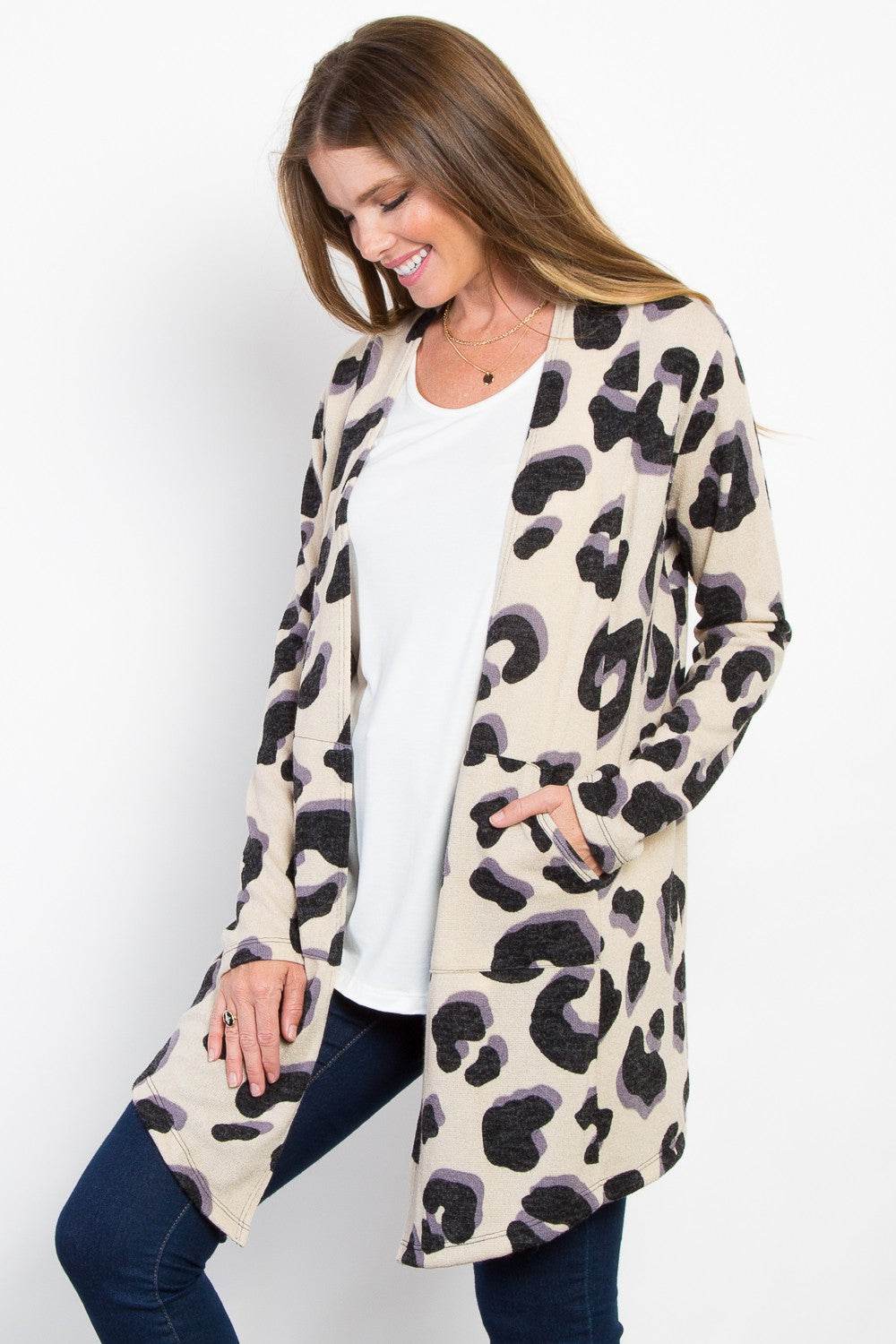 Be Stage Printed Open Front Knit Cardigan with Pockets - Delanoir