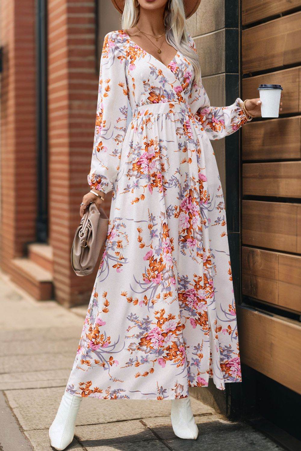 Perfee Slit Printed Surplice Long Sleeve Maxi Dress - Delanoir