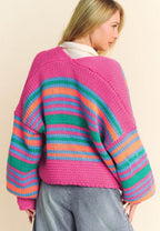 Contrast Striped Open Front Long Sleeve Cardigan - Delanoir
