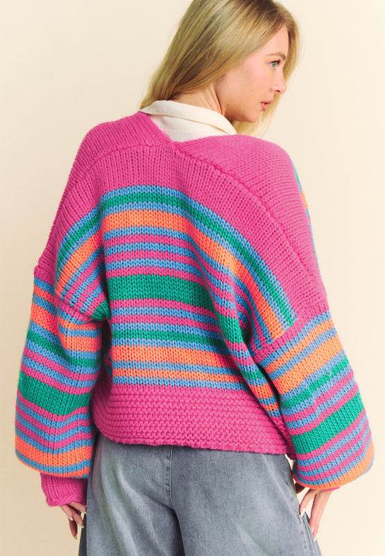 Contrast Striped Open Front Long Sleeve Cardigan - Delanoir