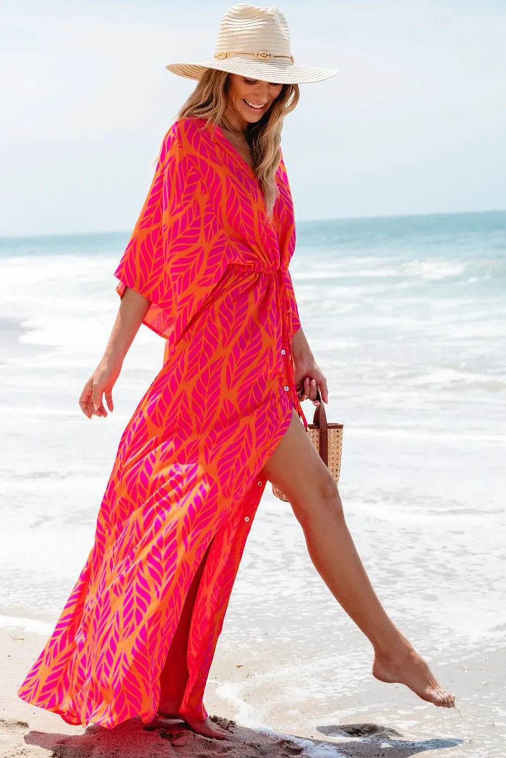 Drawstring Printed V-Neck Maxi Dress - Delanoir