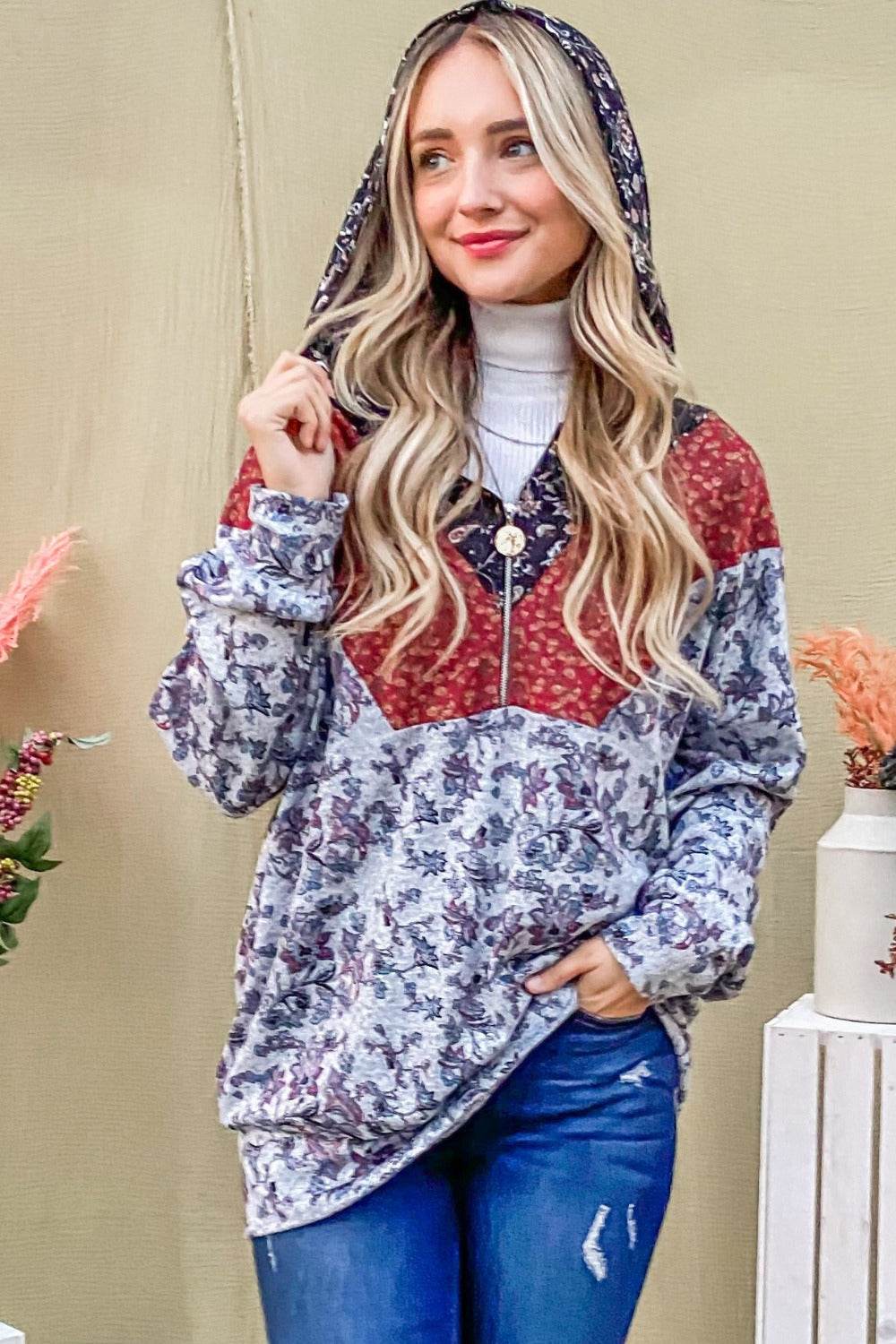 And The Why Printed Half Zip Up Long Sleeve Hoodie - Delanoir