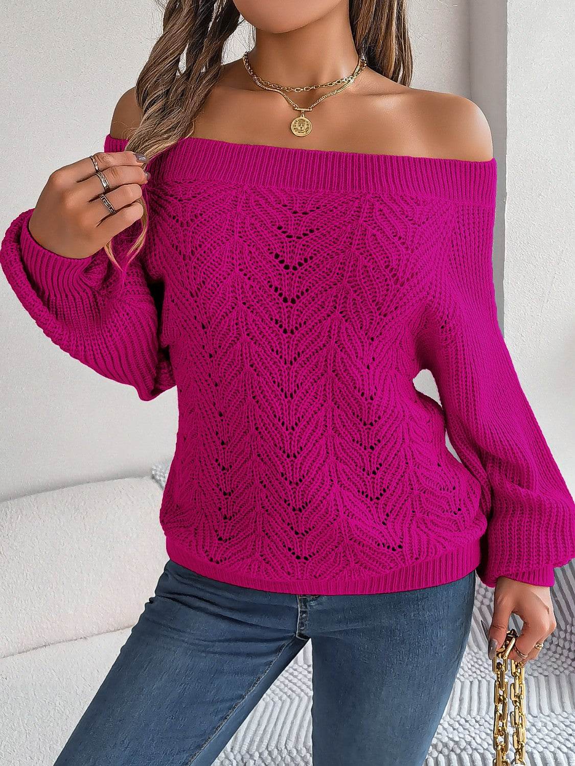 Openwork Off-Shoulder Long Sleeve Sweater - Delanoir