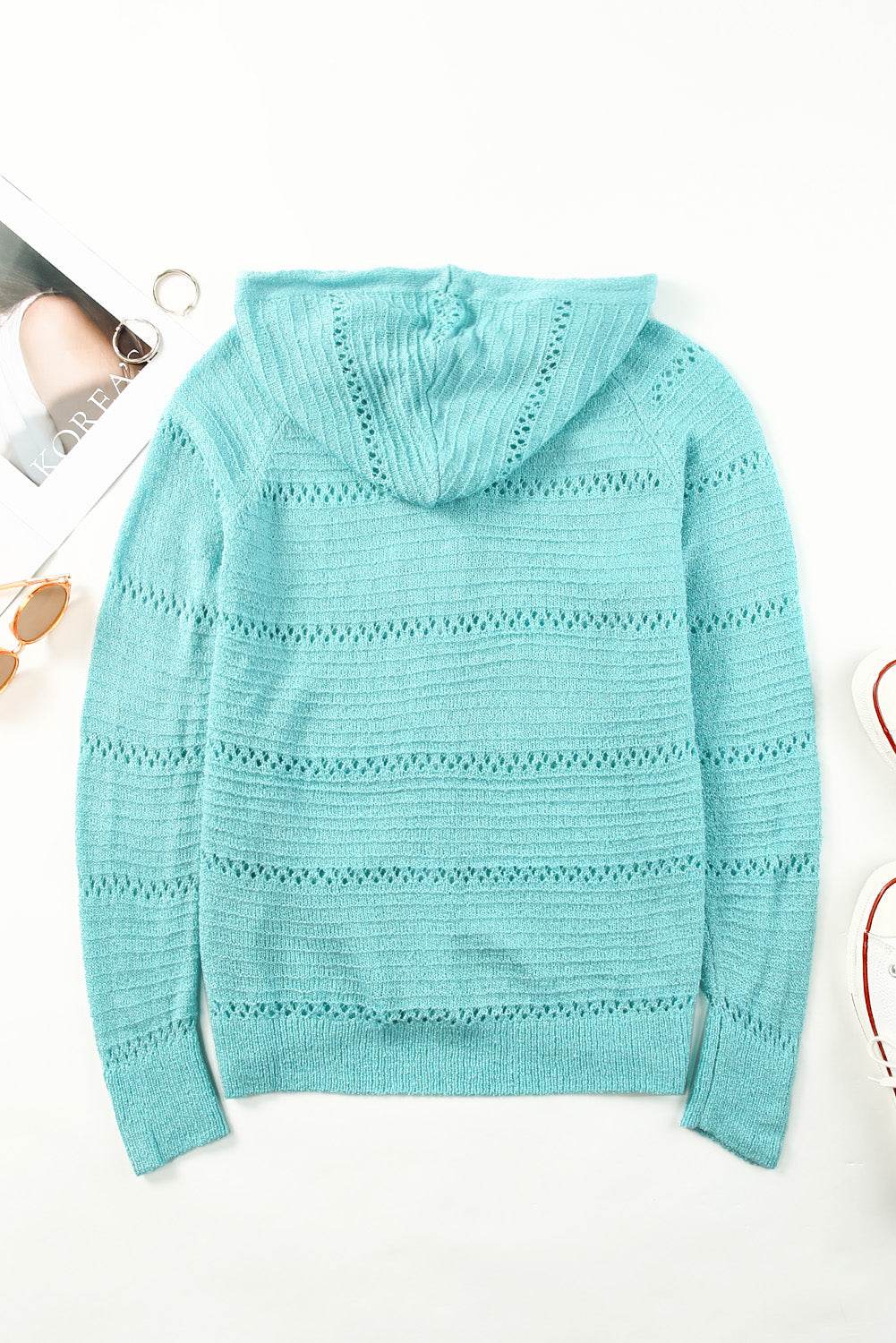 Zip-Up Raglan Sleeve Openwork Hooded Cardigan - Delanoir
