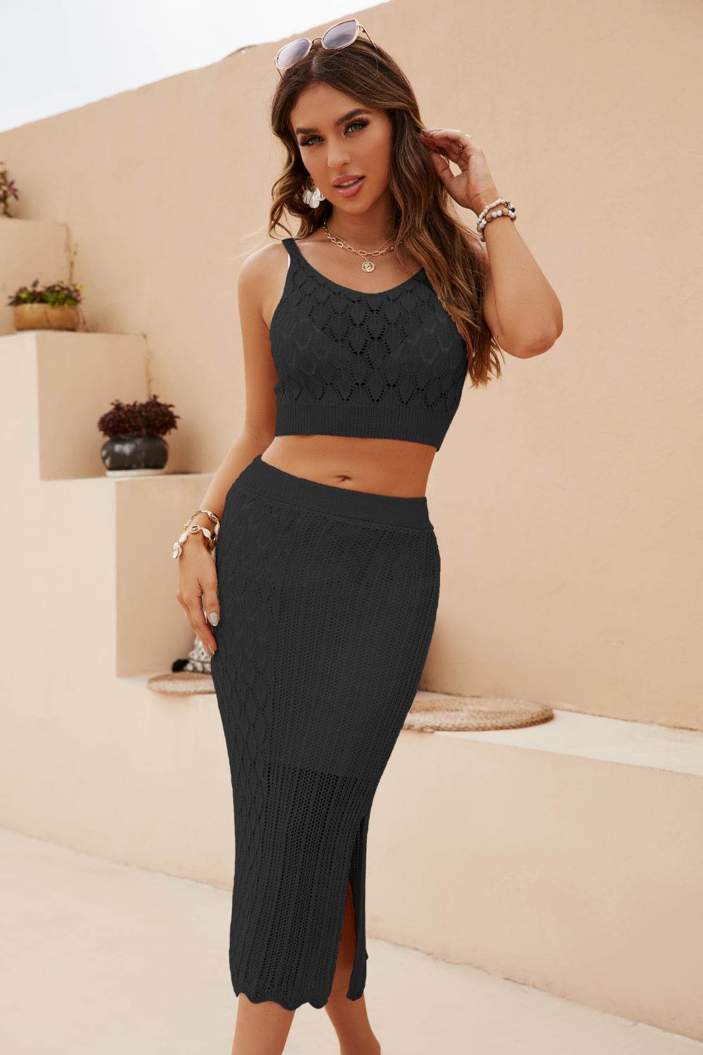 Openwork Cropped Tank and Split Skirt Set - Delanoir