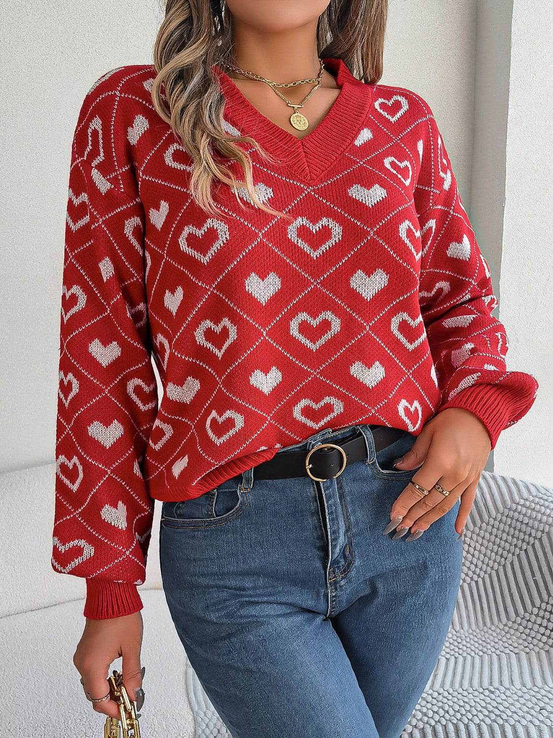 Heart Pattern V-Neck Long Sleeve Sweater - Delanoir