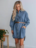 Button Up Collared Neck Long Sleeve Denim Dress - Delanoir