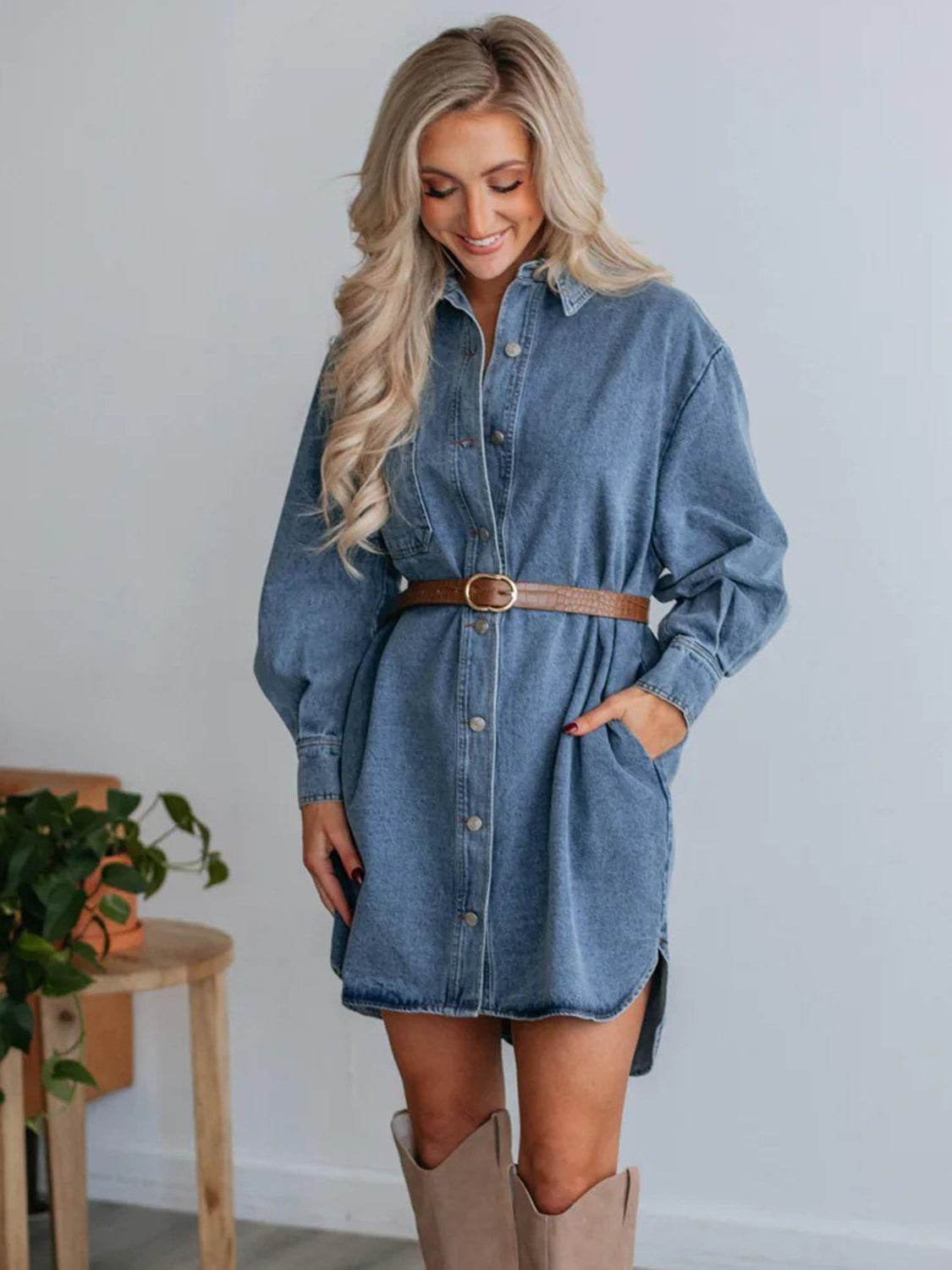 Button Up Collared Neck Long Sleeve Denim Dress - Delanoir