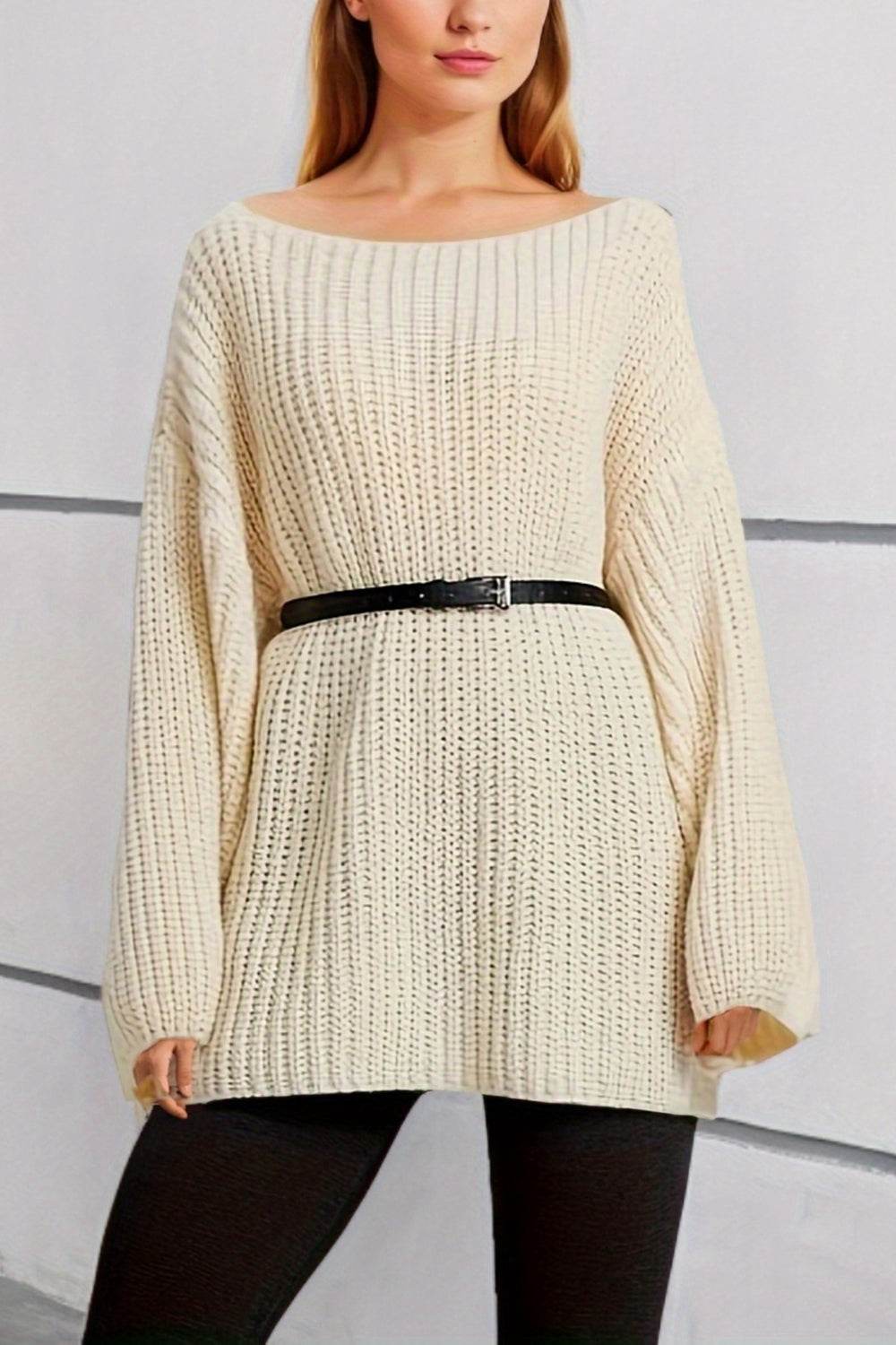 Boat Neck Dropped Shoulder Mini Sweater Dress - Delanoir