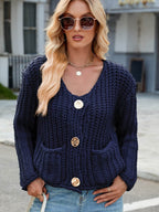 Round Neck Button Up Cardigan with Pockets - Delanoir