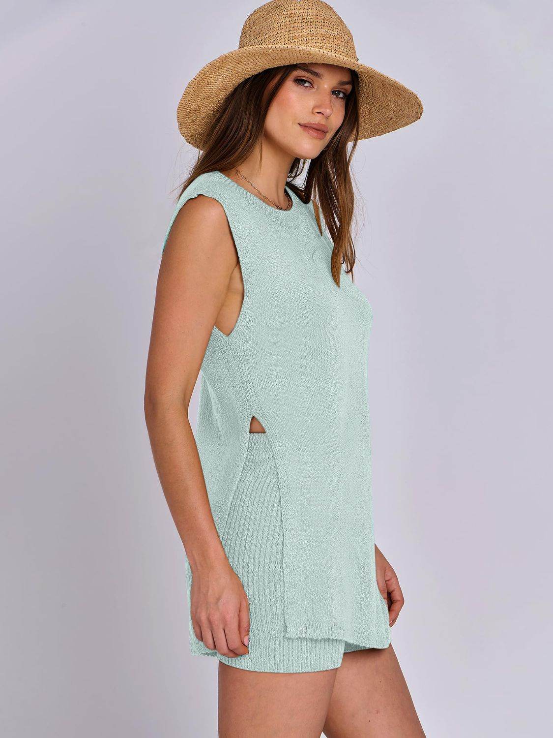 Mandy Side Slit Round Neck Tank and Shorts Sweater Set - Delanoir