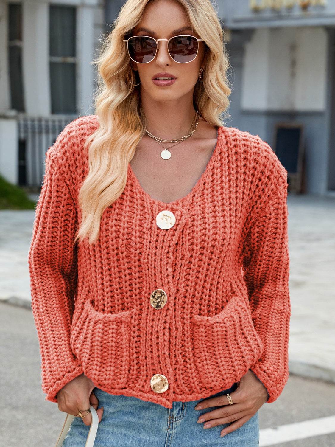 Round Neck Button Up Cardigan with Pockets - Delanoir