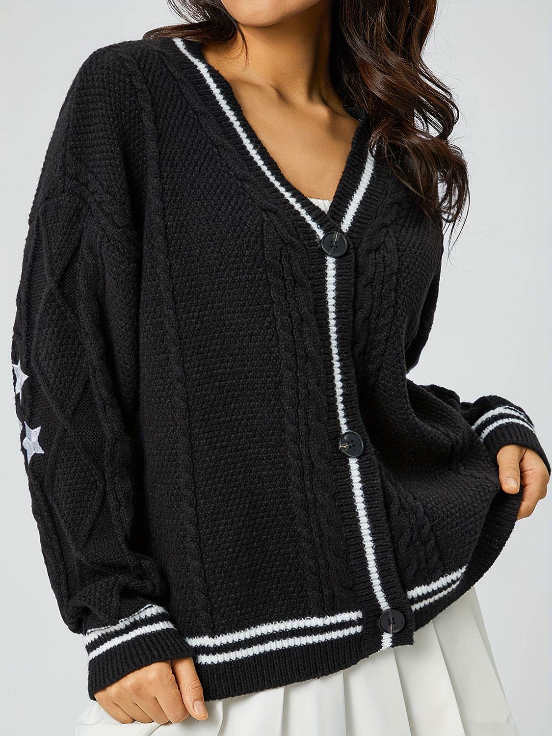 Star Embroidered V-Neck Long Sleeve Cardigan - Delanoir