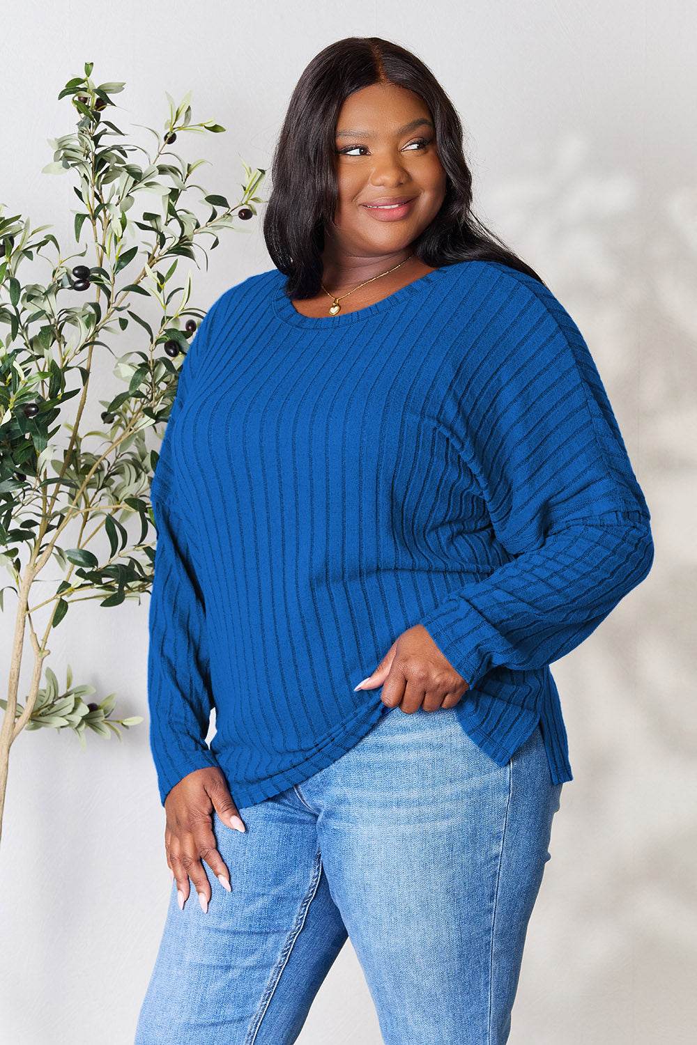 Basic Bae Full Size Ribbed Round Neck Slit Knit Top - Delanoir