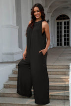 Double Take Full Size Tie Back Cutout Sleeveless Jumpsuit - Delanoir