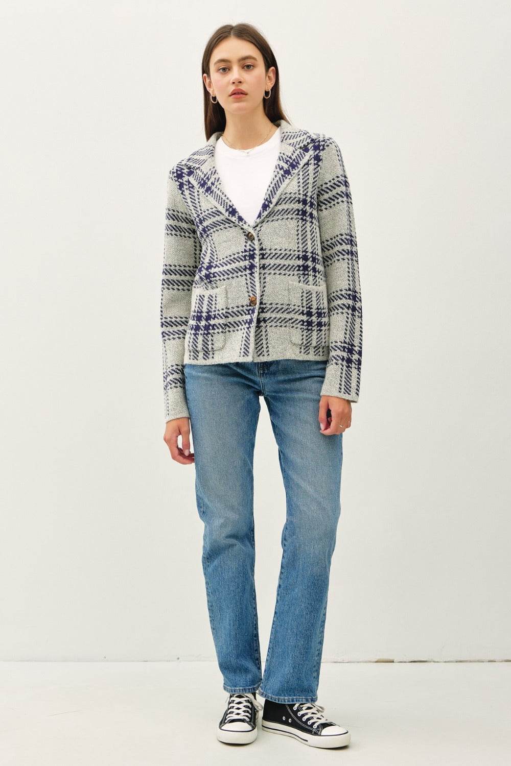 Be Cool Plaid Long Sleeve Sweater Jacket with Front Patch Pockets - Delanoir