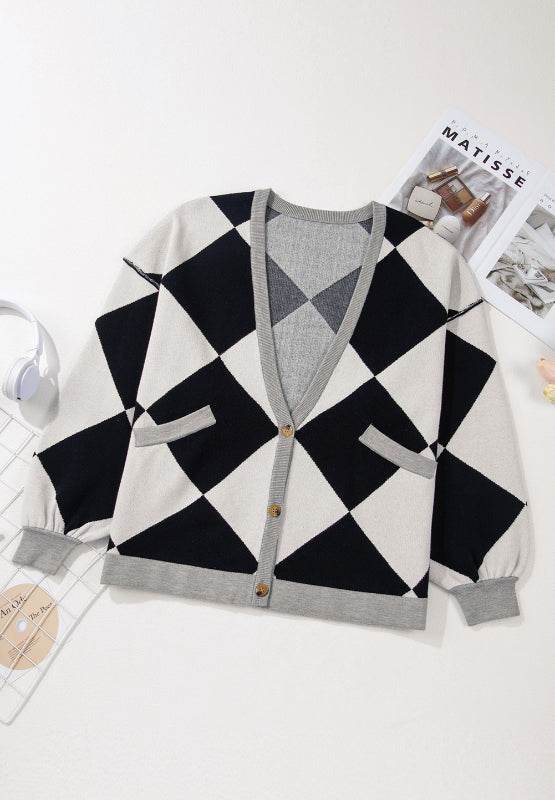 Color Block Button Down Long Sleeve Cardigan - Delanoir