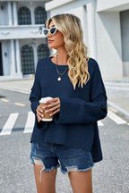 High-Low Slit Round Neck Long Sleeve Sweater - Delanoir