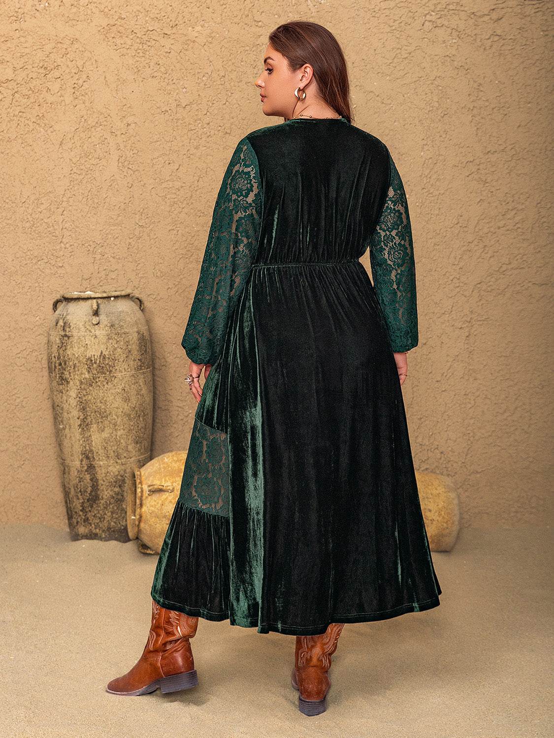 Plus Size Lace Patchwork V-Neck Balloon Sleeve Midi Dress - Delanoir