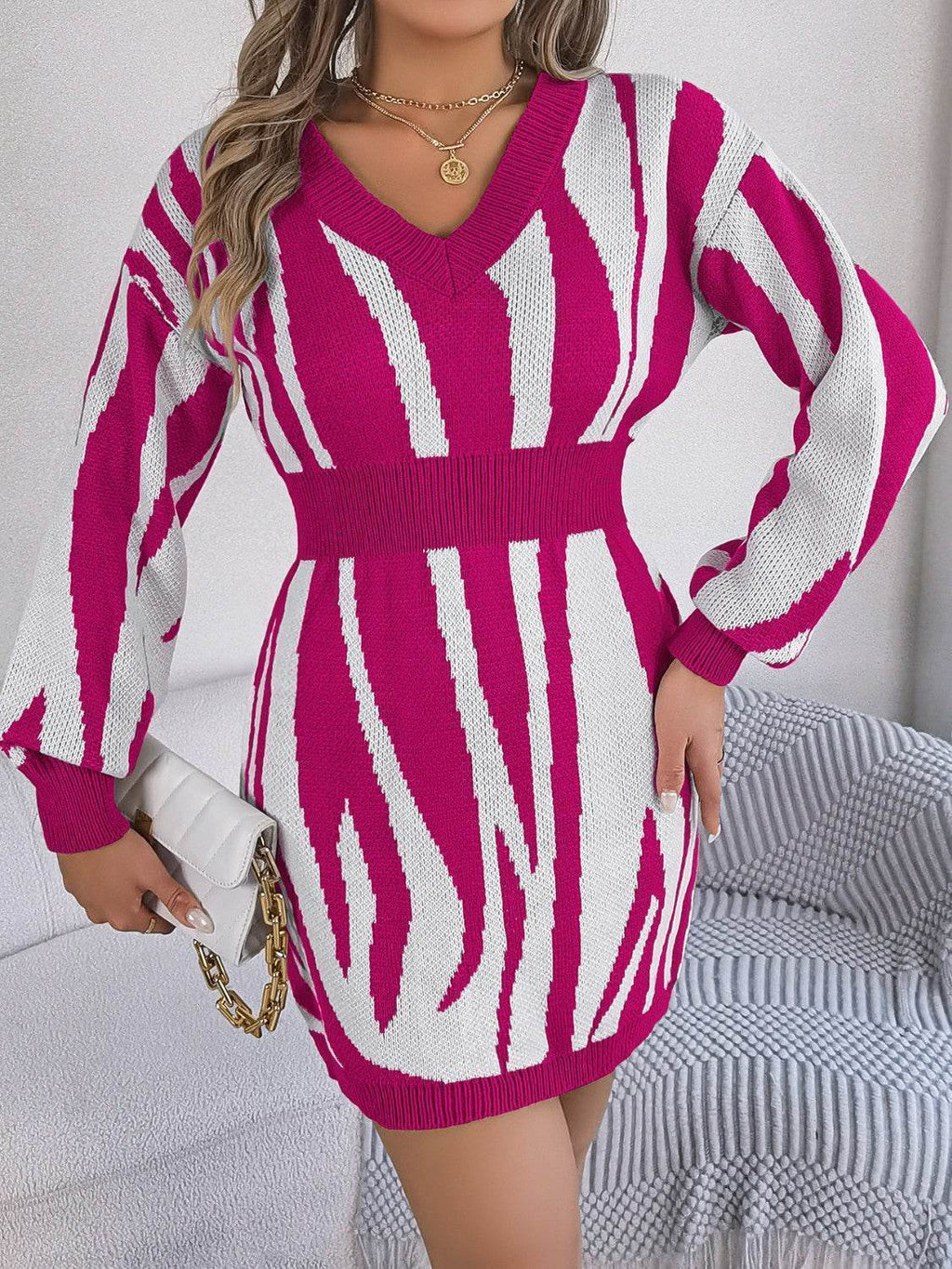 Animal Print V-Neck Long Sleeve Sweater Dress - Delanoir