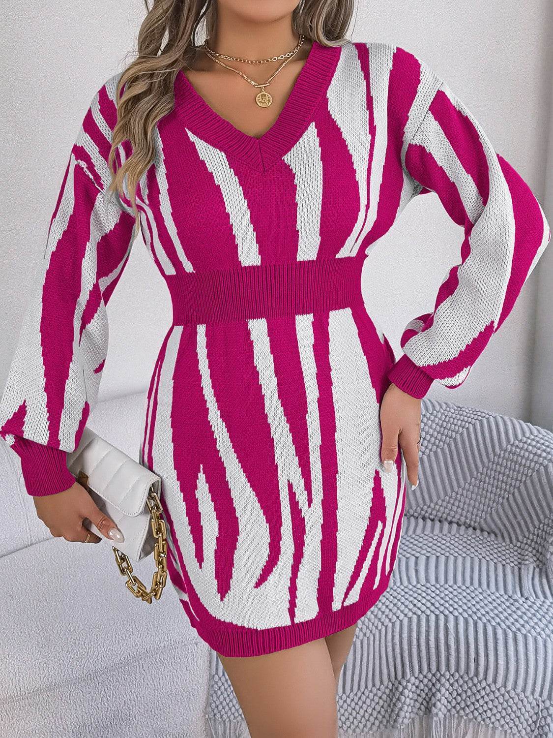 Animal Print V-Neck Long Sleeve Sweater Dress - Delanoir