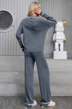 Contrast Trim Johnny Collar Top and Drawstring Pants Sweater Set - Delanoir