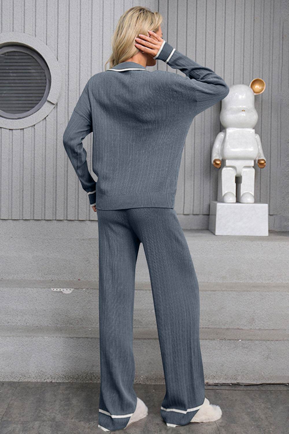 Contrast Trim Johnny Collar Top and Drawstring Pants Sweater Set - Delanoir