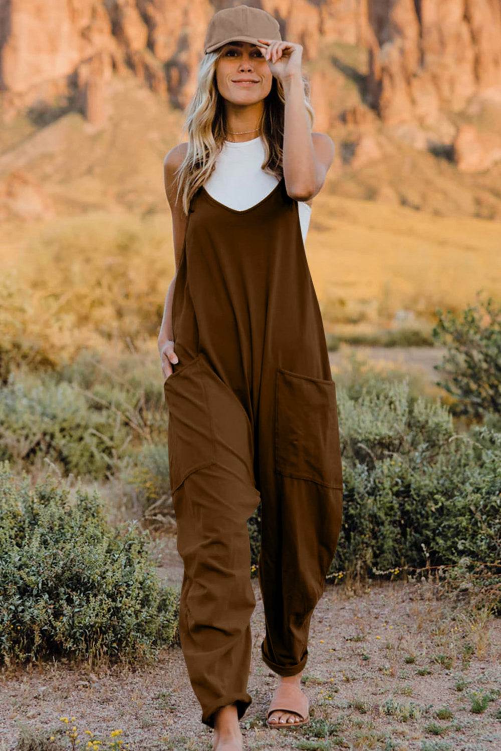 Double Take Full Size V-Neck Sleeveless Jumpsuit with Pockets - Delanoir