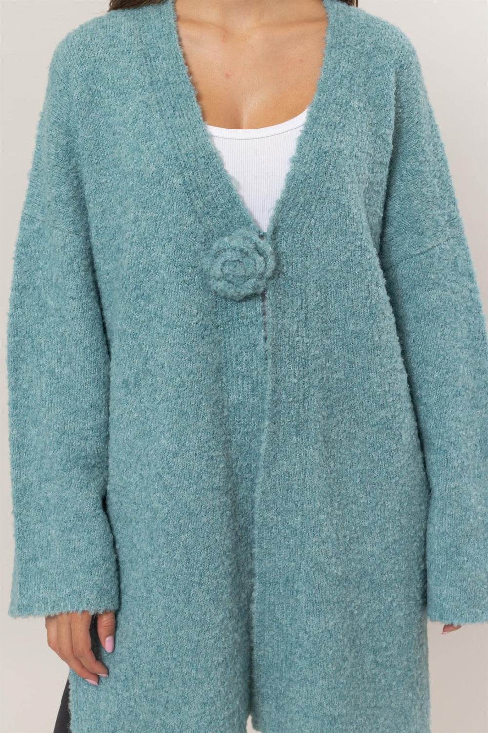 HYFVE Front Rosette Longline Slit Sweater Cardigan - Delanoir